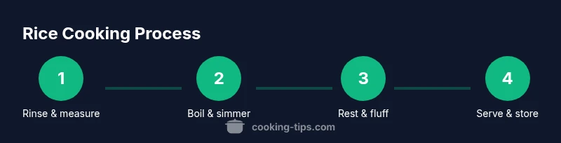 Process infographic showing steps for rinsing, measuring, cooking, resting rice