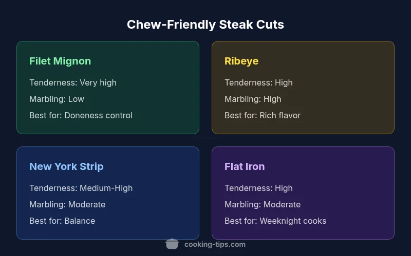 Tailwind HTML infographic comparing tenderness of filet mignon, ribeye, NY strip, and flat iron.