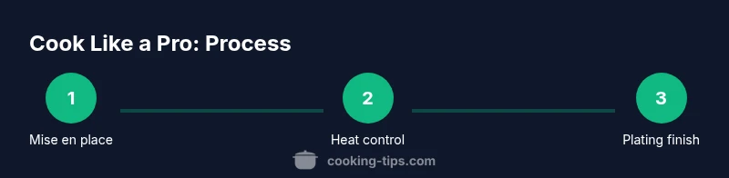 Infographic showing a three-step process: mise en place, heat control, plating finish