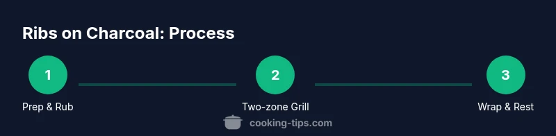 Step-by-step infographic showing prep, two-zone grilling, wrapping, and resting ribs