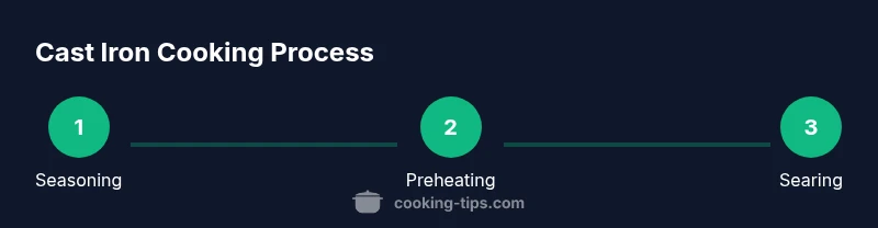 Process diagram showing seasoning, preheating, and cooking steps in cast iron