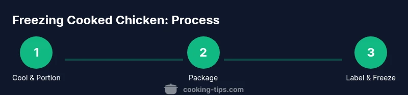 Process infographic showing cooling, packaging, and freezing cooked chicken