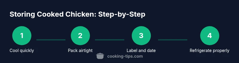 Process infographic showing cooling, packaging, labeling, and refrigerating cooked chicken