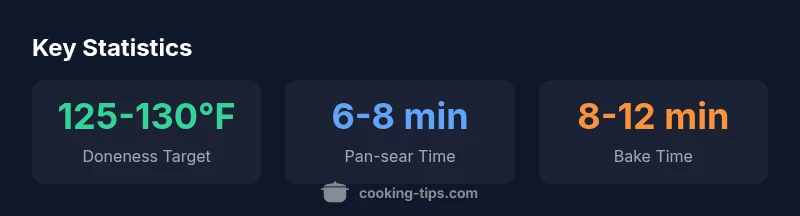 infographic showing halibut doneness targets, pan-sear and bake times