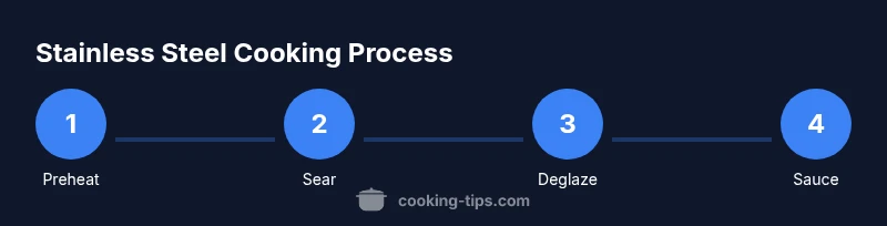 Diagram showing the stainless steel cooking process with four steps: Preheat, Sear, Deglaze, and Sauce