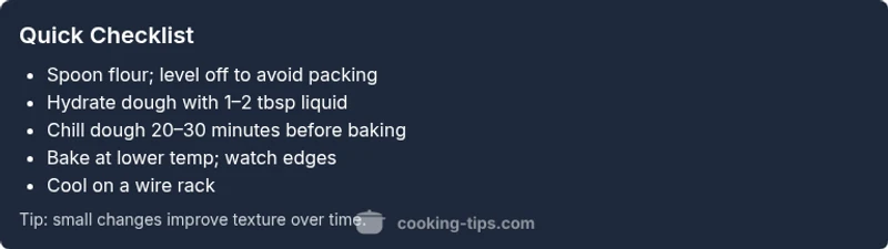 Checklist infographic about preventing crumbly cookies