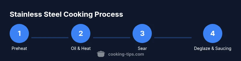 Tailwind infographic showing a four-step stainless steel cooking process (Preheat, Oil & Heat, Sear, Deglaze & Saucing)