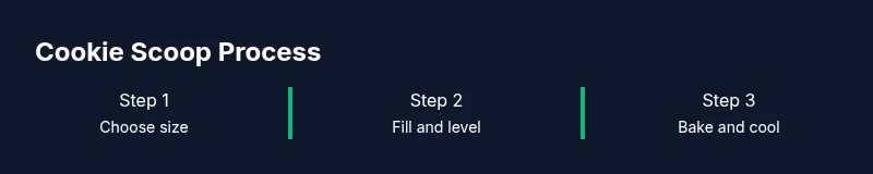 Process diagram showing choosing size, filling and leveling, then baking and cooling cookies